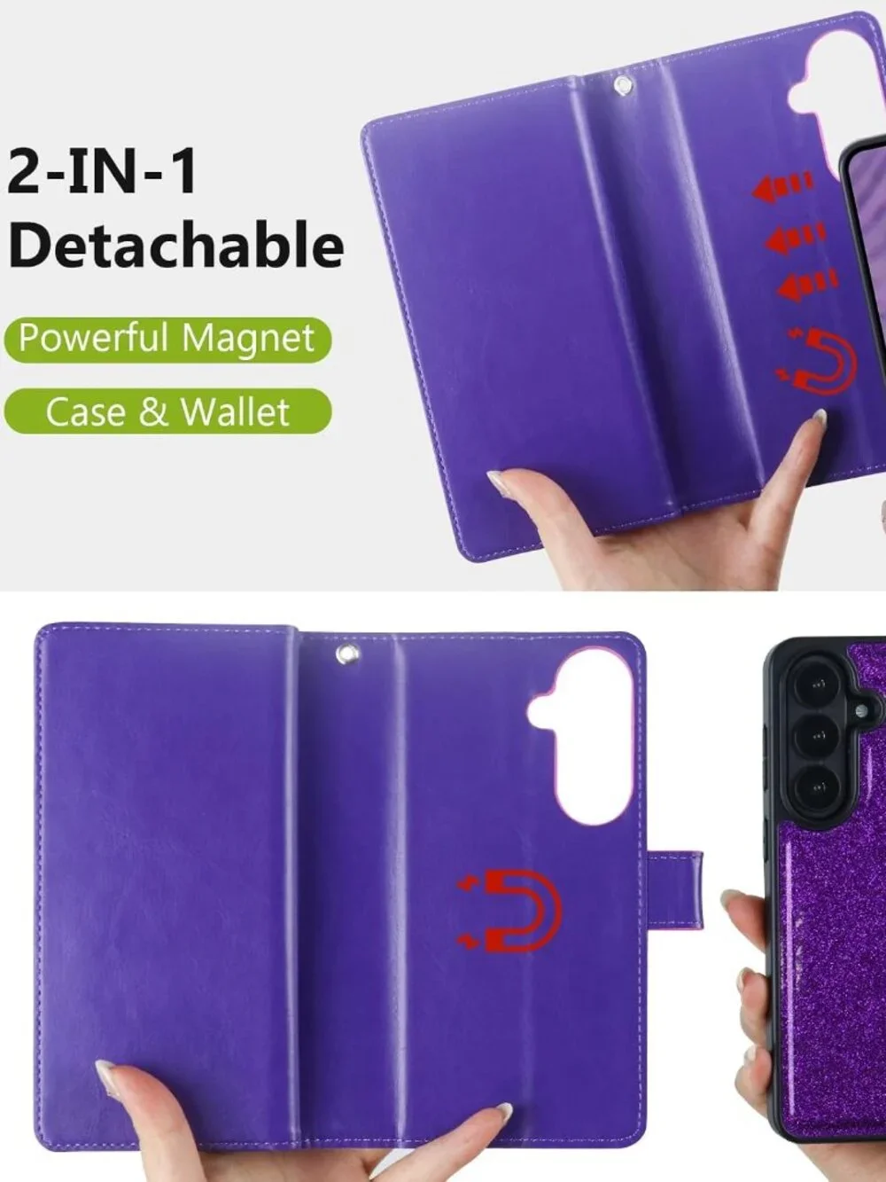 Samsung Galaxy S26 Wallet Case RFID Detachable Card Holder Glitter Purple Cover
